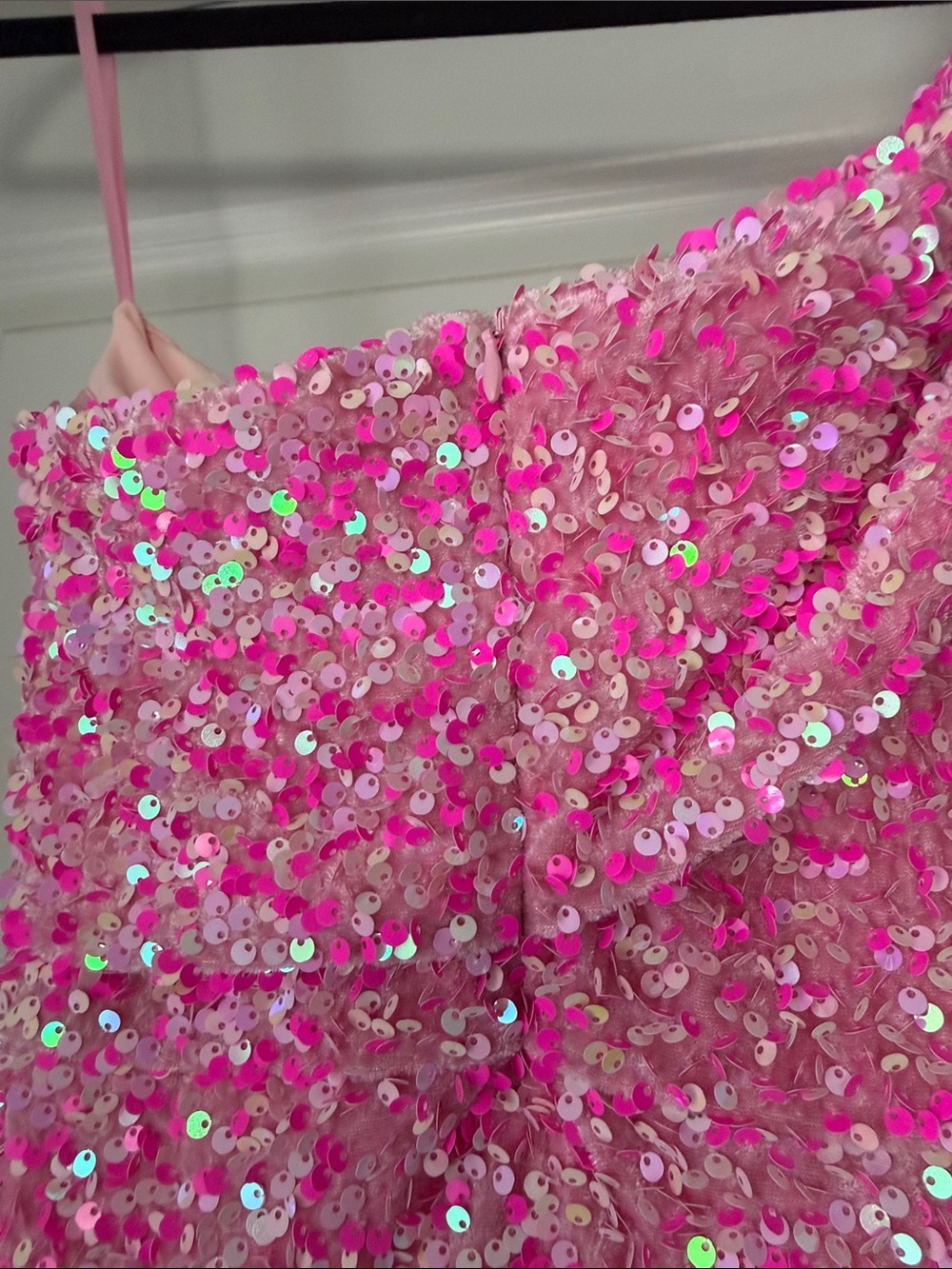 Barbie Vibes One-Shoulder Pink Sequin Dress - Picture 3 of 9